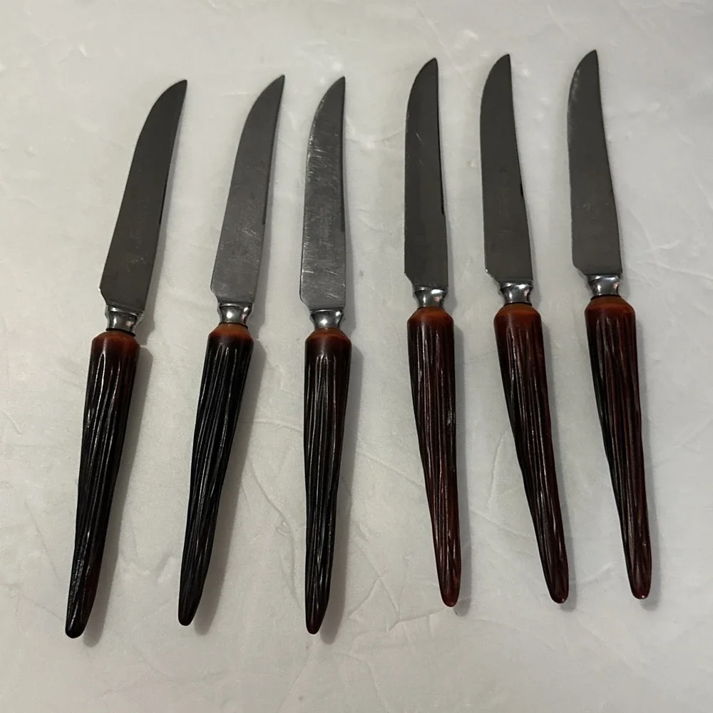 6 VTG Mid Century Sheffield England Stainless Steak Knive Faux Stag Horn Handles